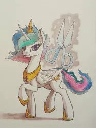 Size: 600x800 | Tagged: safe, artist:shydale, derpibooru import, princess celestia, :p, alternate hairstyle, levitation, looking at you, magic, raised hoof, scissors, short hair, solo, telekinesis, tongue out, traditional art