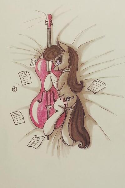 Size: 600x899 | Tagged: artist:shydale, bed, bedroom eyes, cello, clothes, derpibooru import, female, looking at you, musical instrument, octavia melody, socks, solo, solo female, suggestive, traditional art