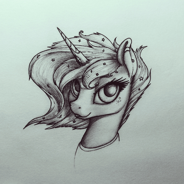 Size: 1024x1024 | Tagged: artist:shydale, derpibooru import, different hairstyle, ear piercing, earring, freckles, head, horn, horn jewelry, jewelry, looking at you, monochrome, pencil drawing, piercing, portrait, princess luna, safe, short mane, smiling, smiling at you, solo, traditional art, upper body