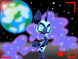 Size: 1600x1200 | Tagged: safe, artist:lovehtf421, derpibooru import, nightmare moon, pony, bipedal, blushing, impossibly large ears, planet, recording, solo