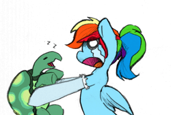 Size: 700x472 | Tagged: safe, artist:the-wag, derpibooru import, rainbow dash, tank, pegasus, pony, tanks for the memories, alternate hairstyle, animated, clothes, crying, eyes closed, female, mare, open mouth, ponytail, shaking, sleeping, socks, stockings, wide eyes, zzz