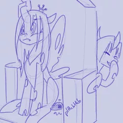 Size: 500x500 | Tagged: artist:goat train, changeling, derpibooru import, fart joke, fart noise, laughing, monochrome, oc, oc:princess elytra, onomatopoeia, parent:queen chrysalis, prank, queen chrysalis, safe, sketch, sound effects, throne, whoopie cushion