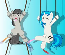 Size: 8333x7098 | Tagged: absurd resolution, arms in the air, artist:bondagelover888, bdsm, bondage, crying, cuffs, cute, derpibooru import, hoof tickling, horn ring, laughing, magic suppression, octavia melody, ropes, suggestive, suspended, tavibetes, tears of laughter, tickle torture, tickling, vinylbetes, vinyl scratch