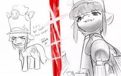 Size: 1106x701 | Tagged: safe, artist:alloyrabbit, derpibooru import, ponified, pony, bow, bowtie, city, giant pony, growth, hat, impending doom, kill la kill, looking at you, looking down at you, macro, nonon jakuzure, sketch, skull, this well end in rampage, this will end in destruction, underhoof
