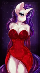 Size: 1643x3000 | Tagged: anthro, artist:dimwitdog, backless, bare shoulders, big breasts, blushing, breasts, busty rarity, cleavage, clothes, derpibooru import, dress, evening gloves, eyelashes, eyeshadow, female, gloves, hair over one eye, jessica rabbit, jessica rabbit dress, large voluminous hair, lipstick, long gloves, makeup, rarity, red dress, seductive, sexy, shoulderless, side slit, solo, solo female, stupid sexy rarity, suggestive, thigh gap, thighs, underass, who framed roger rabbit