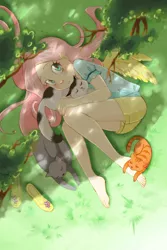 Size: 800x1200 | Tagged: artist:paulina-ap, barefoot, cat, cute, derpibooru import, feet, flip-flops, fluttershy, grass, high angle, human, humanized, looking at you, safe, shyabetes, winged humanization