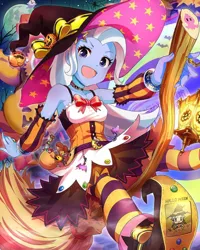 Size: 640x800 | Tagged: safe, artist:weiliy, derpibooru import, trixie, equestria girls, broom, cute, diatrixes, flying broomstick, halloween, hat, solo, witch, witch hat