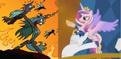 Size: 744x366 | Tagged: safe, derpibooru import, idw, screencap, princess cadance, queen chrysalis, shining armor, alicorn, changeling, changeling queen, pony, unicorn, the crystal empire, spoiler:comic, spoiler:comicfiendshipismagic5, armpits, competition, epic changeling tossing, epic wife tossing, fastball special, female, horn crystals, male, mare, minion abuse, opposites, stallion, toss