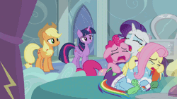 Size: 1248x702 | Tagged: safe, derpibooru import, screencap, applejack, fluttershy, pinkie pie, rainbow dash, rarity, tank, twilight sparkle, twilight sparkle (alicorn), alicorn, pony, tanks for the memories, animated, bathrobe, bed, calm, clothes, cry pile, crying, crying inside, dashie slippers, dresser, female, incredulous, leg wiggle, mare, rainbow dash's house, robe, skeptical, sleeping, slippers, snuggling, squirming, stoic, tank slippers