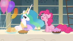Size: 1366x768 | Tagged: safe, derpibooru import, screencap, pinkie pie, princess celestia, alicorn, earth pony, pony, a bird in the hoof, balloon, cake, cupcake, eating, eyes closed, female, lidded eyes, mare, open mouth, pie, puffy cheeks, sandwich, sitting, smiling