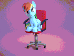 Size: 560x420 | Tagged: safe, artist:3d thread, artist:creatorofpony, derpibooru import, rainbow dash, pegasus, pony, /mlp/, 3d, 3d model, 60 fps, animated, blender, chair, cute, dashabetes, female, i have done nothing productive all day, mare, open mouth, sitting, smiling, solo, spinning