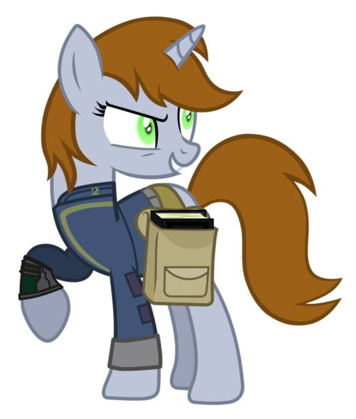 Size: 825x968 | Tagged: safe, artist:aborrozakale, derpibooru import, oc, oc:littlepip, unofficial characters only, pony, unicorn, fallout equestria, fanfic, inspiration manifestation, black book, clothes, corrupted, fanfic art, female, mare, pipbuck, possessed, saddle bag, simple background, solo, transparent background, vault suit