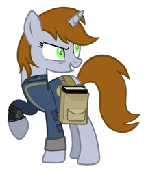 Size: 825x968 | Tagged: safe, artist:aborrozakale, derpibooru import, oc, oc:littlepip, unofficial characters only, pony, unicorn, fallout equestria, fanfic, inspiration manifestation, black book, clothes, corrupted, fanfic art, female, mare, pipbuck, possessed, saddle bag, simple background, solo, transparent background, vault suit