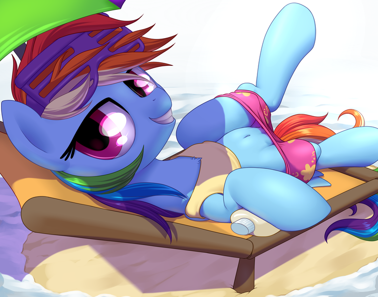 Size: 2000x1569 | Tagged: questionable, artist:stoic5, derpibooru import, rainbow dash, pegasus, pony, beach, bedroom eyes, belly button, chest fluff, clothes, crotch cleavage, crotchboobs, female, grin, looking at you, looking back, midriff, nipples, nudity, on back, sexy, shutter shades, smiling, solo, solo female, swimsuit, teasing, teats, winter swimsuit