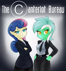 Size: 824x895 | Tagged: safe, artist:ambris, artist:lapis-lazuli, derpibooru import, bon bon, lyra heartstrings, sweetie drops, fanfic:the canterlot bureau, equestria girls, clothes, colored pupils, commission, crossover, duo, fanfic art, fanfic cover, hilarious in hindsight, hips, suit, the x files, x-files