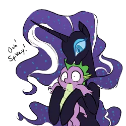 Size: 800x800 | Tagged: safe, artist:glacierclear, artist:glacierclear edits, derpibooru import, edit, nightmare rarity, spike, female, frown, grin, hug, male, nightmare sparity, non-consensual cuddling, scared, shipping, simple background, smiling, sparity, straight, transparent background, wide eyes