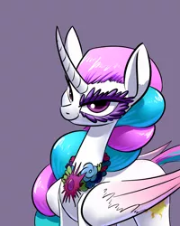 Size: 1024x1280 | Tagged: safe, derpibooru import, princess celestia, alicorn, pony, derpin daily, alternate hairstyle, female, looking at you, mare, ponymania, smiling, solo