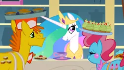 Size: 1366x768 | Tagged: a bird in the hoof, carrot cake, cup cake, derpibooru import, princess celestia, safe, screencap