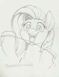 Size: 1275x1650 | Tagged: artist:latecustomer, derpibooru import, floss, flossing, fluttershy, monochrome, safe, sketch, smiling, solo, traditional art