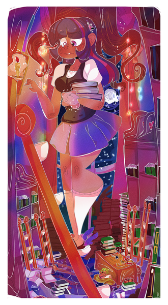 Size: 2200x4000 | Tagged: artist:mili-kat, book, clothes, dead source, derpibooru import, golden oaks library, human, humanized, interior, ladder, library, safe, skirt, spike, twilight sparkle