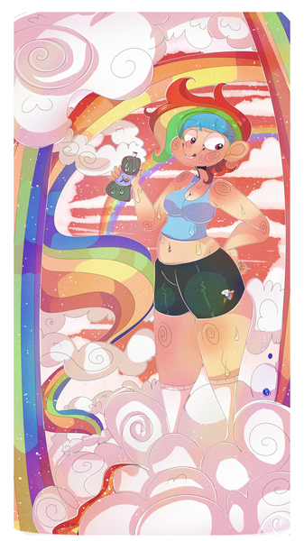 Size: 2200x3920 | Tagged: artist:mili-kat, belly button, cleavage, clothes, compression shorts, derpibooru import, female, human, humanized, midriff, rainbow dash, safe, solo, sweat, tanktop