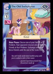 Size: 344x480 | Tagged: safe, derpibooru import, discord, princess cadance, twilight sparkle, twilight sparkle (alicorn), alicorn, pony, absolute discord, alternate hairstyle, blue flu, card, ccg, enterplay, female, mare, proverb