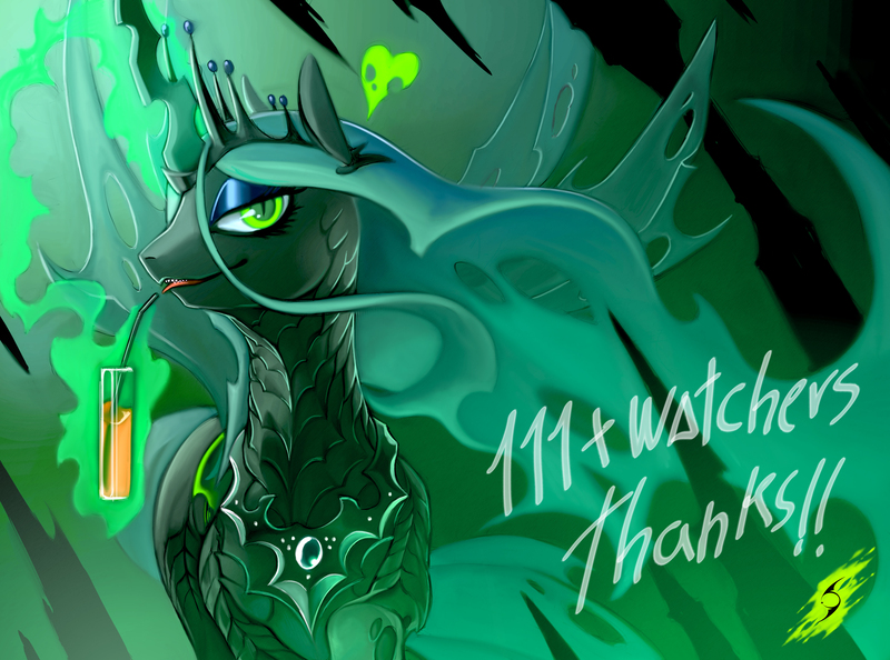 Size: 4724x3508 | Tagged: safe, artist:blackrunewarlock, derpibooru import, queen chrysalis, changeling, changeling queen, drinking, female, heart, solo, tongue out