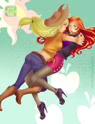 Size: 1024x1331 | Tagged: safe, artist:usagilau, derpibooru import, applejack, sunset shimmer, equestria girls, appleshimmer, boots, clothes, female, fishnets, front knot midriff, high heels, holding hands, humanized, jeans, lesbian, midriff, nail polish, shipping, skirt