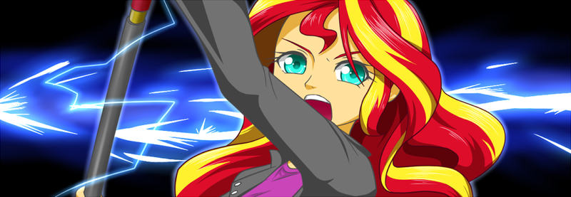 Size: 1000x346 | Tagged: safe, artist:hashioaryut, derpibooru import, sunset shimmer, equestria girls, judith, looking at you, mystic arte, solo, tales of series, tales of vesperia