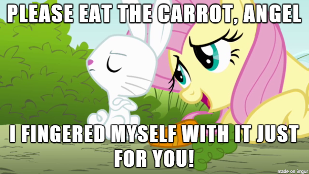 Size: 610x343 | Tagged: suggestive, derpibooru import, edit, edited screencap, screencap, angel bunny, fluttershy, pony, rabbit, animal, caption, carrot, image macro, implied masturbation, meme