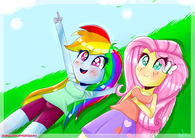 Size: 2450x1734 | Tagged: safe, artist:vixelzf, derpibooru import, fluttershy, rainbow dash, equestria girls, blushing, clothes, humanized, pointing, skirt, smiling, tanktop