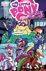 Size: 552x849 | Tagged: safe, artist:angieness, artist:ponygoddess, derpibooru import, idw, applejack, fili-second, fluttershy, humdrum, masked matter-horn, mistress marevelous, pinkie pie, radiance, rainbow dash, rarity, saddle rager, spike, twilight sparkle, twilight sparkle (alicorn), zapp, alicorn, pony, power ponies (episode), avengers assemble, cover, female, mane seven, mane six, mare, parody, power ponies