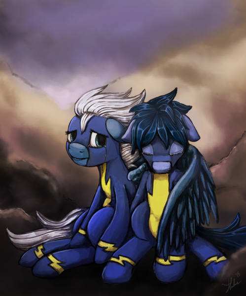 Size: 749x900 | Tagged: artist:xenstroke, cloud, cloudy, crying, derpibooru import, night glider, oc, oc:starlight nova, sad, safe, wonderbolts uniform