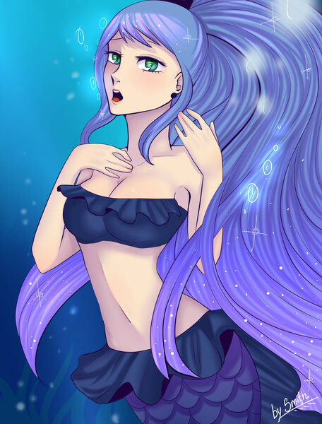 Size: 1024x1347 | Tagged: armpits, artist:yanshiki, bandeau, belly button, cleavage, dead source, derpibooru import, female, human, humanized, mermaid, midriff, princess luna, safe, solo