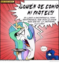 Size: 995x1050 | Tagged: safe, artist:wandrevieira1994, derpibooru import, princess celestia, princess luna, 1000 ways to get banished, angry, cake, cakelestia, comic, gritted teeth, messy mane, monochrome, nervous, open mouth, rage, sharp teeth, spanish, this will end in tears, thought bubble, translation, translator:the-luna-fan, wide eyes, yelling