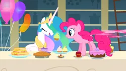 Size: 1366x768 | Tagged: safe, derpibooru import, screencap, pinkie pie, princess celestia, alicorn, earth pony, pony, a bird in the hoof, balloon, cake, cupcake, duo, duo female, eating, eyes closed, female, food, mare, open mouth, pie, sandwich, smiling