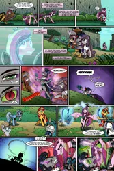 Size: 1280x1920 | Tagged: safe, artist:gray--day, derpibooru import, derpy hooves, gilda, king sombra, maud pie, princess cadance, queen chrysalis, sunset shimmer, trixie, alicorn, gryphon, pony, comic:of kings and changelings, alternate universe, bright eyes (mirror universe), comic, evil cadance, glasses, good king sombra, race swap, reversalis, trixiecorn