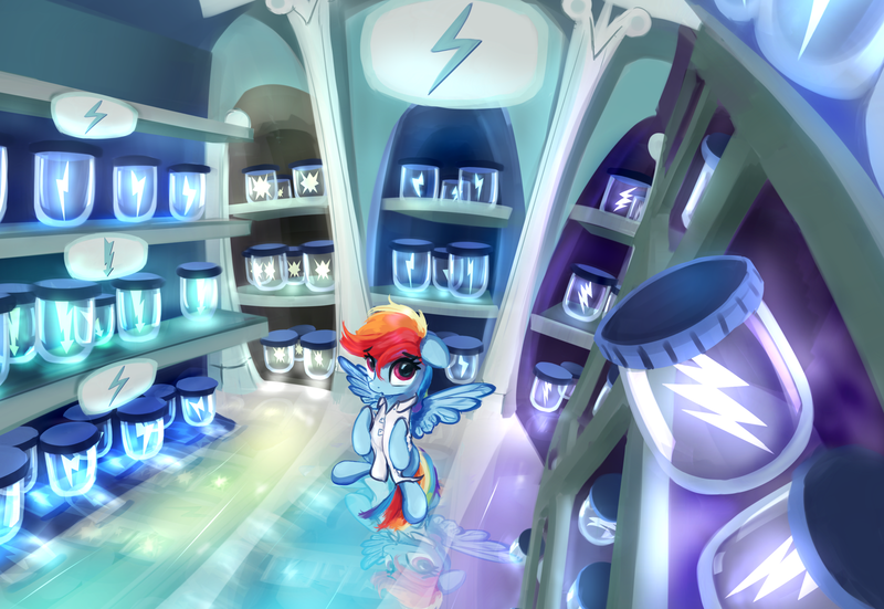 Size: 1534x1057 | Tagged: artist:scootiebloom, bottled lightning, clothes, cloudsdale, cloud seeds, derpibooru import, floppy ears, imminent disaster, jar, lab coat, rainbow dash, reflection, safe, scene interpretation, sitting, solo, tanks for the memories, weather factory, weather factory uniform