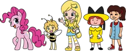 Size: 450x181 | Tagged: safe, derpibooru import, pinkie pie, anthro, bee, earth pony, human, insect, pony, andrea libman, dragon tales, emmy, female, lemon meringue (strawberry shortcake), madeline, mare, maya the bee, strawberry shortcake, voice actor joke