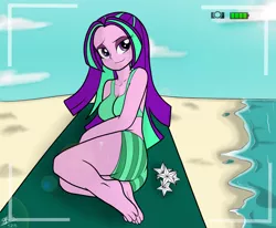 Size: 6350x5238 | Tagged: suggestive, artist:xxxsketchbookxxx, derpibooru import, aria blaze, equestria girls, absurd resolution, alternate hairstyle, beach, bikini, blushing, breasts, busty aria blaze, camera shot, cleavage, clothes, female, loose hair, photo, smiling, solo, solo female, summer, summer 2015, sweat, swimsuit, when she smiles