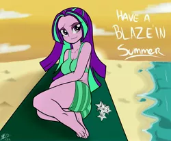 Size: 6350x5238 | Tagged: suggestive, artist:xxxsketchbookxxx, derpibooru import, aria blaze, equestria girls, absurd resolution, alternate hairstyle, beach, bikini, breasts, busty aria blaze, cleavage, clothes, feet, female, loose hair, smiling, solo, solo female, summer, summer 2015, sunset, swimsuit, toes, when she smiles