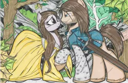 Size: 1024x662 | Tagged: aragorn, artist:ponygoddess, arwen, clothes, derpibooru import, dress, lord of the rings, ponified, safe, sword