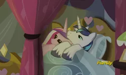 Size: 1488x884 | Tagged: artist:shutterflyeqd, bed, bedroom eyes, cute, derpibooru import, discovery family logo, fake screencap, female, hilarious in hindsight, i can't believe it's not hasbro studios, male, morning after, morning ponies, on back, princess cadance, safe, shining armor, shiningcadance, shipping, smiling, straight