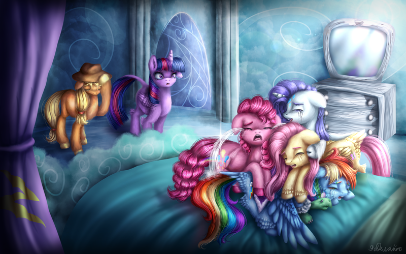 Size: 1920x1200 | Tagged: safe, artist:9de-light6, derpibooru import, applejack, fluttershy, pinkie pie, rainbow dash, rarity, tank, twilight sparkle, twilight sparkle (alicorn), alicorn, pony, tanks for the memories, cry pile, crying, crying inside, female, mane six, mare, ocular gushers, pony pile, scene interpretation, unshorn fetlocks