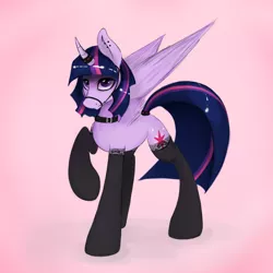Size: 3240x3240 | Tagged: suggestive, artist:xenalollie, deleted from derpibooru, derpibooru import, twilight sparkle, twilight sparkle (alicorn), alicorn, pony, bridle, clothes, collar, ear piercing, female, horn ring, magic suppression, mare, piercing, solo, stockings, tail ring