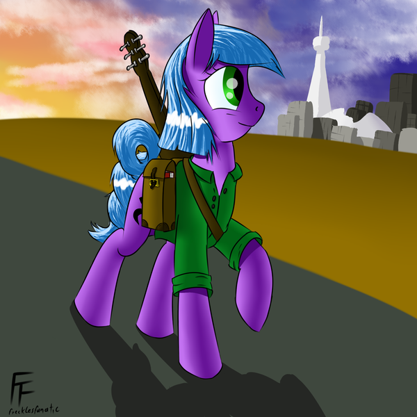 Size: 1750x1750 | Tagged: artist:frecklesfanatic, derpibooru import, fallout equestria, guitar, oc, oc:strings, saddle bag, safe, skyline, sunrise, trotonto, unofficial characters only, wasteland