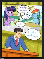 Size: 1250x1700 | Tagged: safe, artist:sonikku001, derpibooru import, rainbow dash, twilight sparkle, twilight sparkle (alicorn), alicorn, human, pony, tanks for the memories, ace attorney, comic, crossover, female, mare, phoenix wright