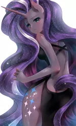 Size: 1181x1968 | Tagged: artist:murasaki-to, ass, clothes, cutie mark, derpibooru import, dress, eared humanization, ethereal mane, female, horn, horned humanization, human, humanized, looking at you, looking back, looking back at you, nightmare rarity, pixiv, pony coloring, pony ears, solo, solo female, suggestive, tailed humanization