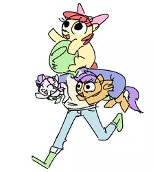 Size: 597x668 | Tagged: safe, artist:nobody, derpibooru import, apple bloom, scootaloo, sweetie belle, oc, oc:anon, human, pony, carrying, cutie mark crusaders, holding a pony, piggyback ride, ponies riding humans, sketch