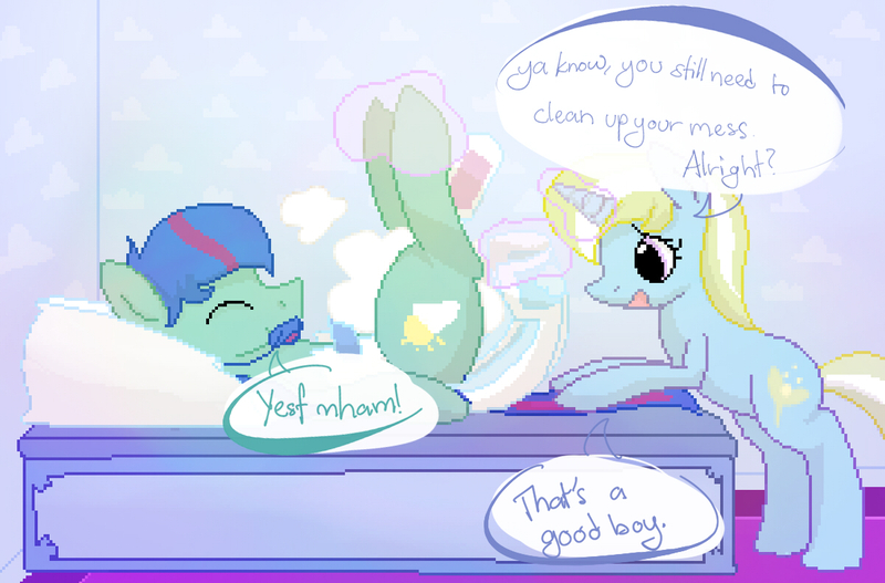 Size: 1198x789 | Tagged: adult foal, artist:edrian, change table, derpibooru import, dialogue, diaper, diaper change, diaper fetish, nursery, oc, oc:daydream, oc:gloomy bud, pacifier, pixel art, pixelated, questionable, unofficial characters only